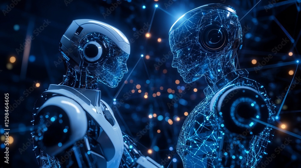 Poster futuristic robots digital art network connection ai technology advanced modern cyberspace blue white