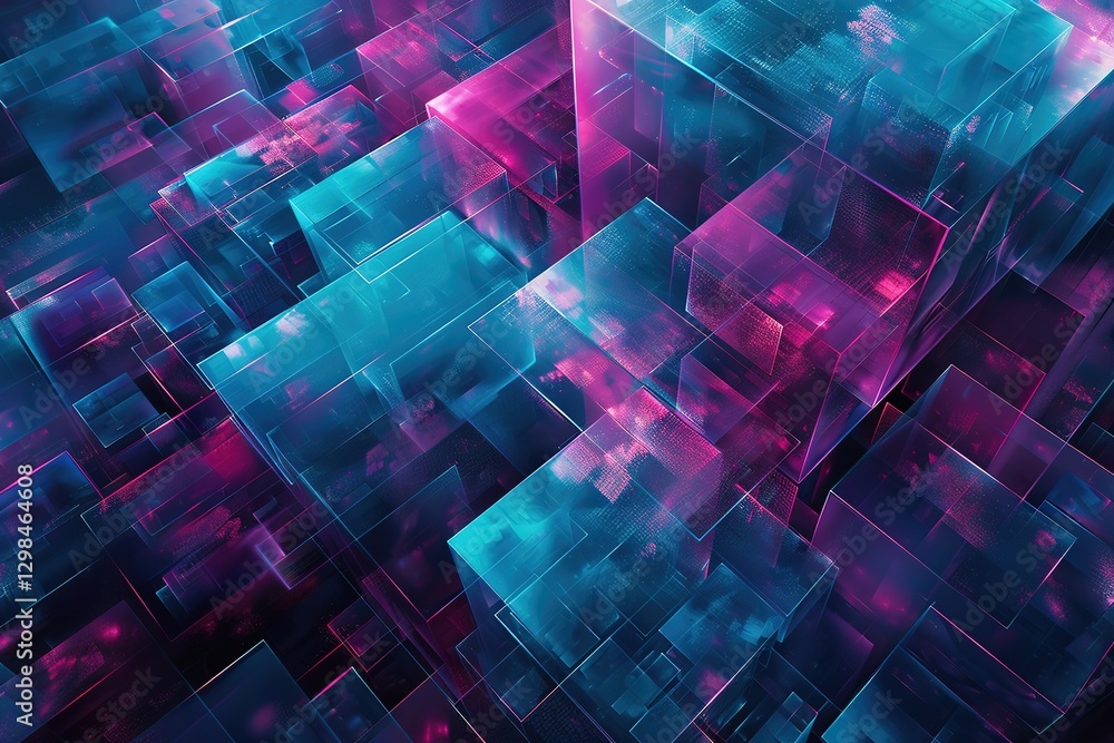 Aufkleber a complex geometric pattern of glowing squares and overlapping rectangles, set in cool colors of blu