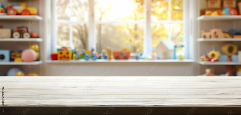 Aufkleber table in front of blurred children's toy shelf and window in warm setting.