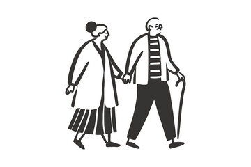 Happy elderly couple walking hand in hand, minimalistic line art