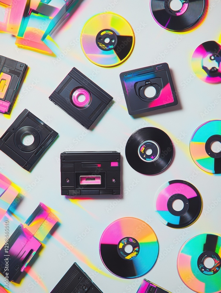 Poster colorful collection of retro cassette tapes and cds arranged artistically on a vibrant background. g
