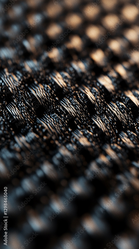 Poster close-up of woven black fibers with textured patterns and subtle orange highlights, showcasing intri