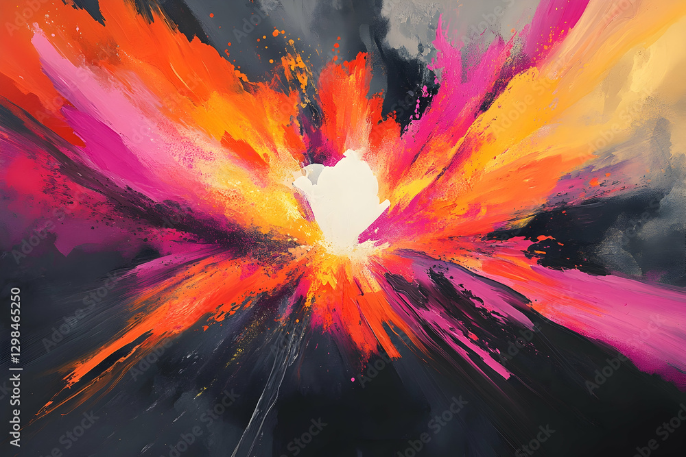 Poster an abstract digital painting of an explosion, with vibrant colors and fluid shapes creating dynamic 