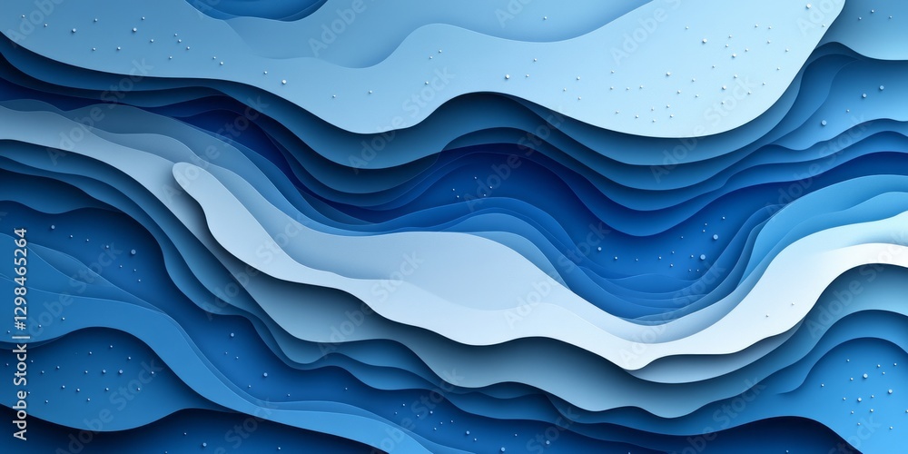 Poster abstract depiction features multiple layers of blue wavy shapes