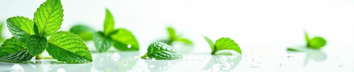 Refreshing mint leaves & water droplets splash on pristine white background , droplet, fresh