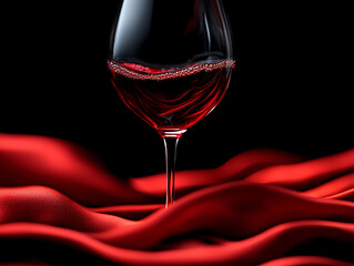 Elegant red wine glass on rich red silk.  Sensual, sophisticated image perfect for wine lists, advertisements, or romantic themes.  Dramatic lighting and luxurious texture.