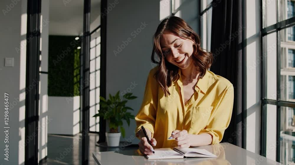 Poster smiling businesswoman writing notes on notebook while working at desk in modern office with large wi