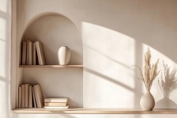 Neutral Beige Interior with Books and Dried Flowers in a Recessed Shelf