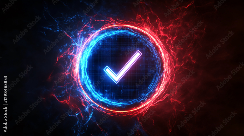 Poster a glowing digital shield with a check mark inside, surrounded by red and blue energy pulses, symboli