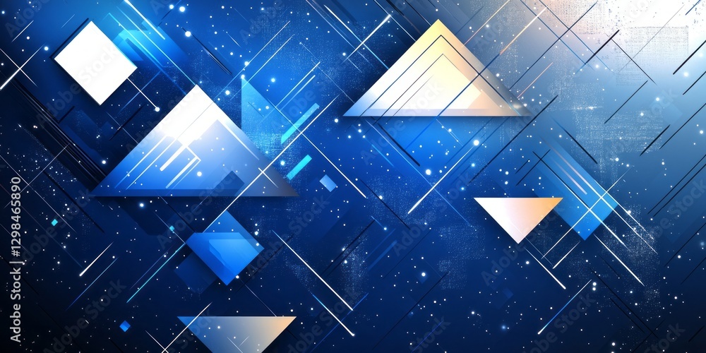 Poster geometric shapes hover amidst a constellation of stars and lines