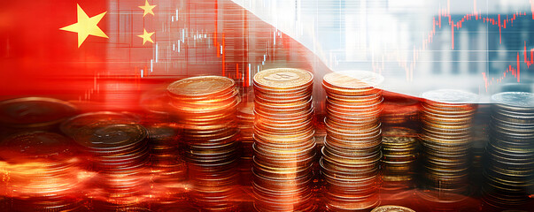 The image depicts Chinese and Polish economies through stacks of coins overlaid with flags and economic charts, suggesting financial interplay.