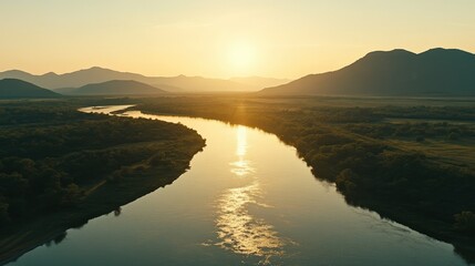 Obraz premium Tranquil River Landscape Embraced by Lush Greenery at Sunset