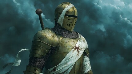 Naklejka premium Detailed Illustration of a Knight in Weathered Armor with Bandages