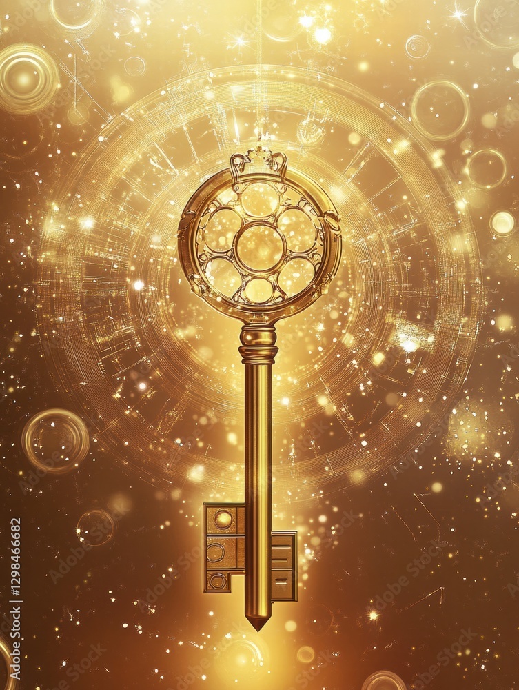 Leinwandbilder golden key adorned with intricate designs against a shimmering, golden background filled with light 