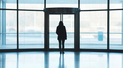 Fototapeta premium Person standing alone in a spacious entrance of a modern building during a quiet morning