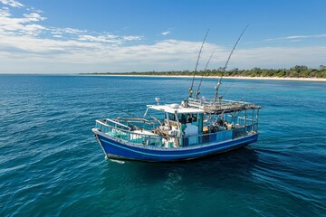 Fototapeta premium Fishing boat voyage coastal beach destination scenic ocean view adventure scene