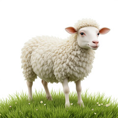 Obraz premium Fluffy White Sheep in Green Grass Farm Animal Spring Pasture