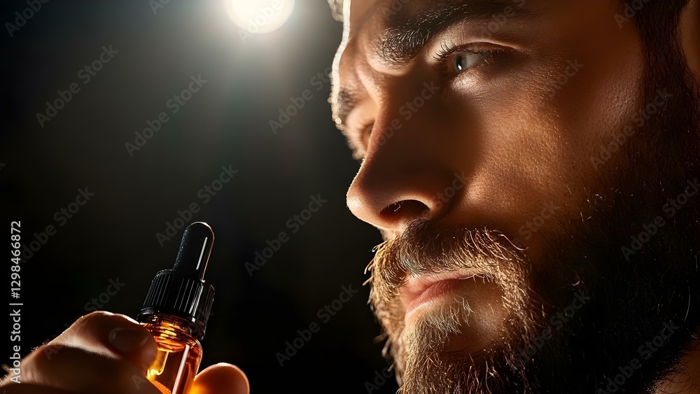 Poster a close-up of a man with a beard looking intently at a dropper bottle in a dramatic lighting setting