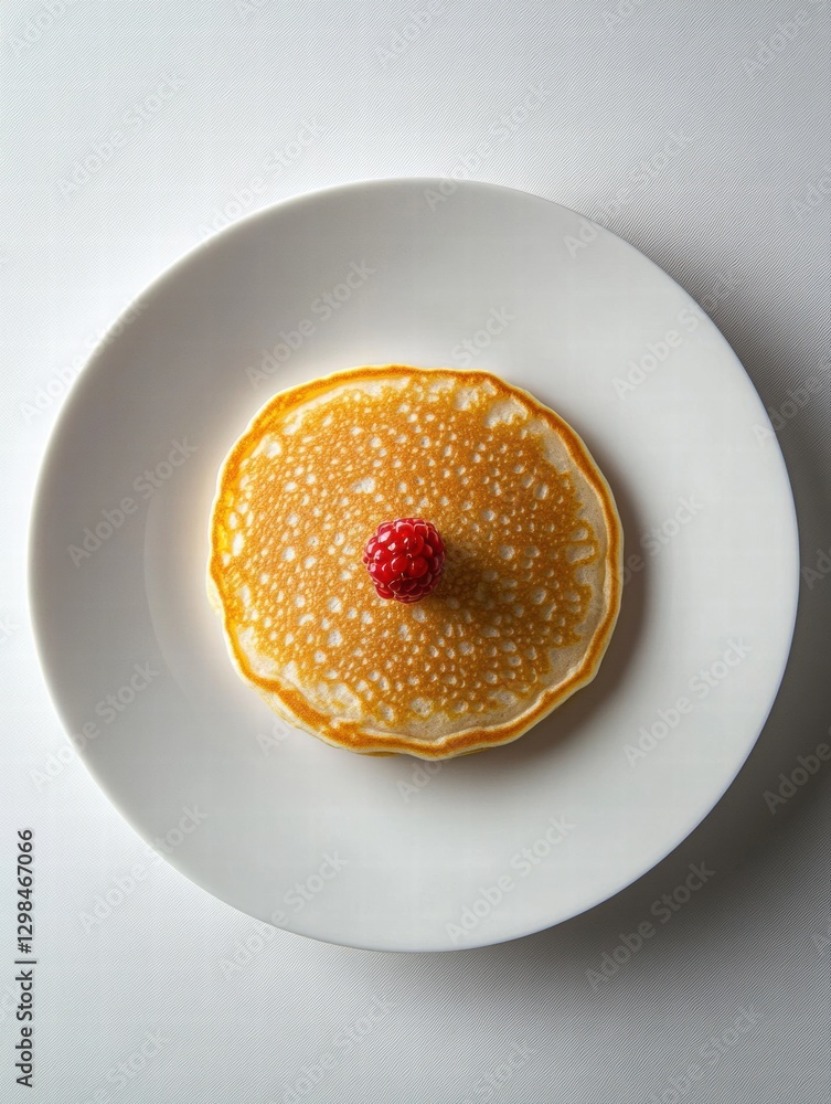 Poster Delicate golden pancake topped with a fresh raspberry on a white plate in soft natural light. Generative AI