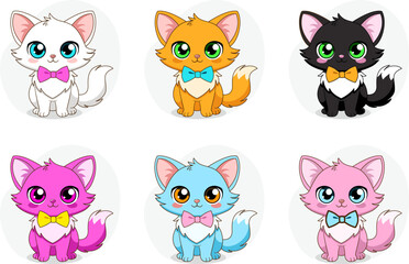 This is a set of cartoon vector illustrations with cute kittens with big eyes and a bow sitting on their paws. Kawaii style, chibi-style characters, nursery decor, and gifts. EPS10