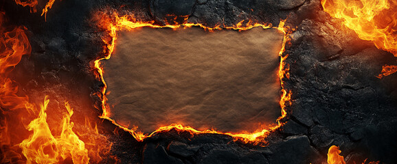 A burning parchment frame surrounded by fierce flames, symbolizing intense energy, destruction, and passion, set against a dark, cracked backdrop.