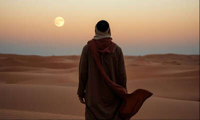 illustration islamic man  woman looking for cresent sun moon in the sky