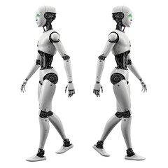 Fototapeta premium Two identical white robots are depicted walking in profile view against a transparent background