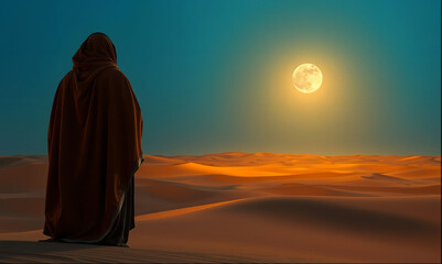 illustration islamic man  woman looking for cresent sun moon in the sky