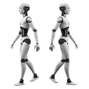 Two identical white robots are depicted walking in profile view against a transparent background