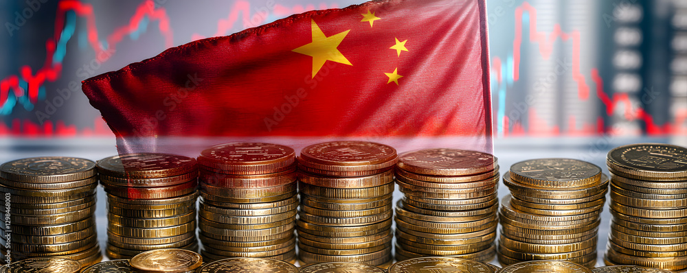 Aufkleber the image depicts stacks of coins in front of a chinese flag and financial graph, representing the c