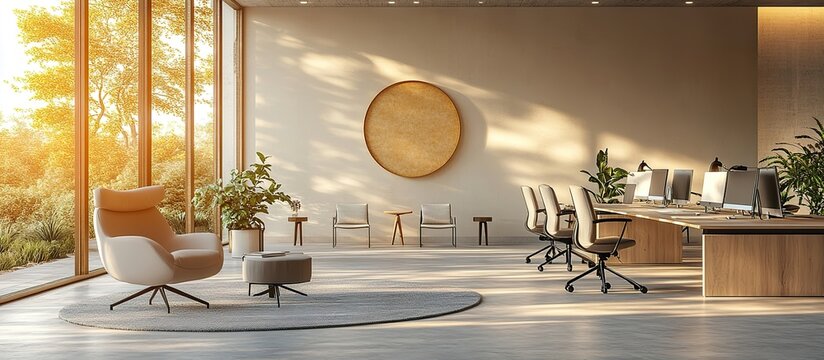 A minimalist co-working office featuring ergonomic chairs, a variety of workstations, and neutral tones, fostering productivity and focus.