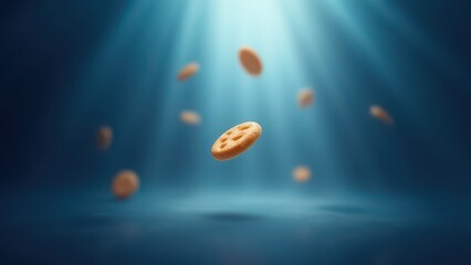 Holy Communion bread, Floating wafers against a royal blue backdrop sunlight creating an ethereal halo