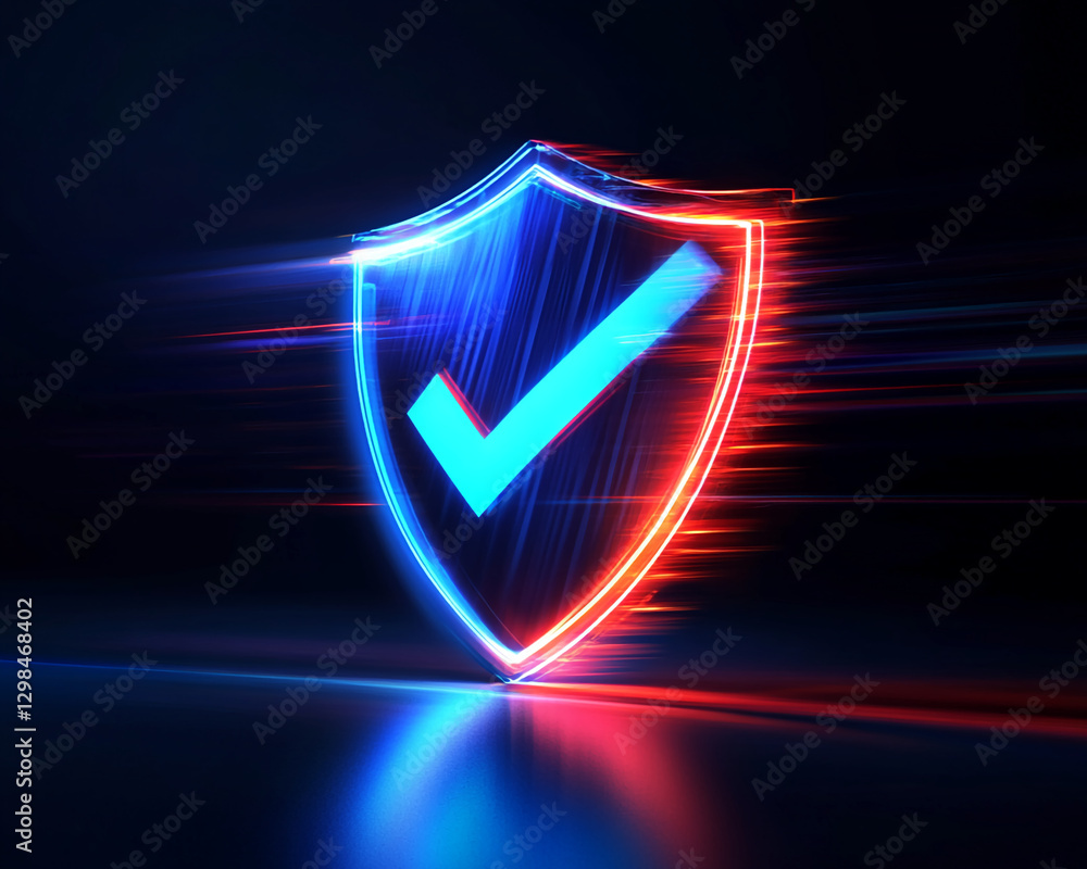 Poster neon glowing shield with a check mark in blue and red, symbolizing protection, security, and digital