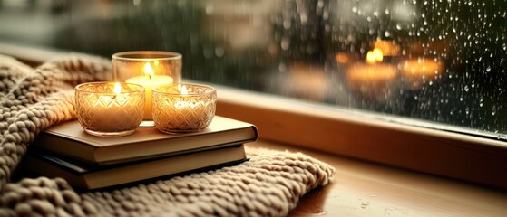 Obraz premium Cozy rainy day scene with candles and books