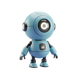 A 3D model of a friendly, light blue robot with a neutral expression