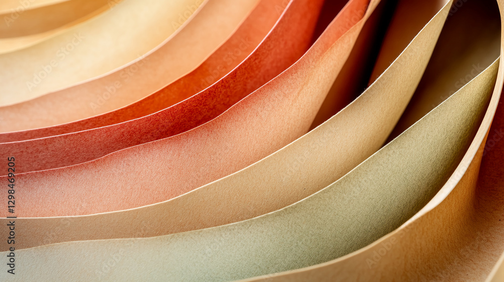Poster close-up of soft, flowing paper in warm orange and green shades, showcasing delicate curves and smoo