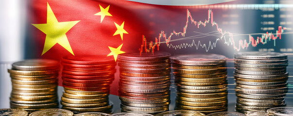 Stacks of coins with a overlaid Chinese flag and a stock market chart illustrate China's economy.
