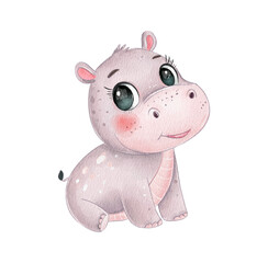 Cute hand drawn watercolor hippo with big eyes sitting happily and smiling against a plain background