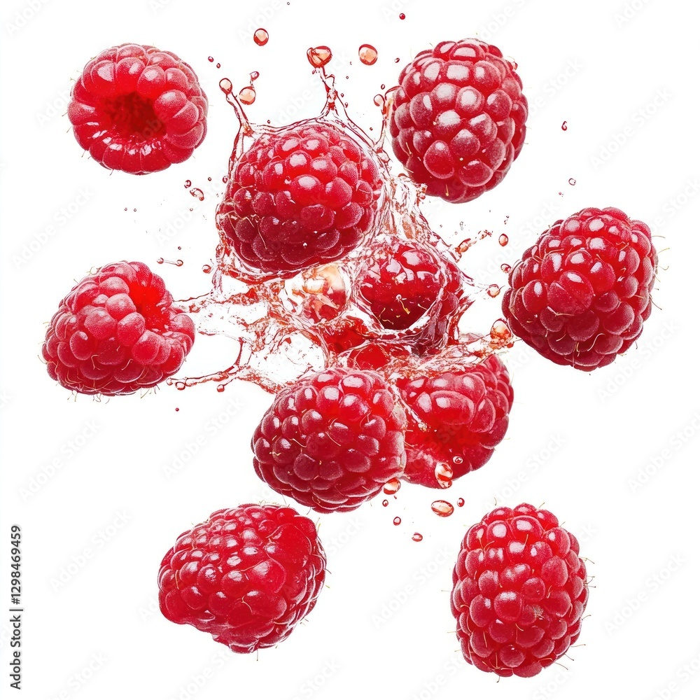 Aufkleber exploding real raspberries raspberry produce fruit.