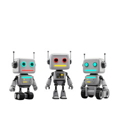 Three adorable, cartoonish robots in various poses, displayed against a transparent background