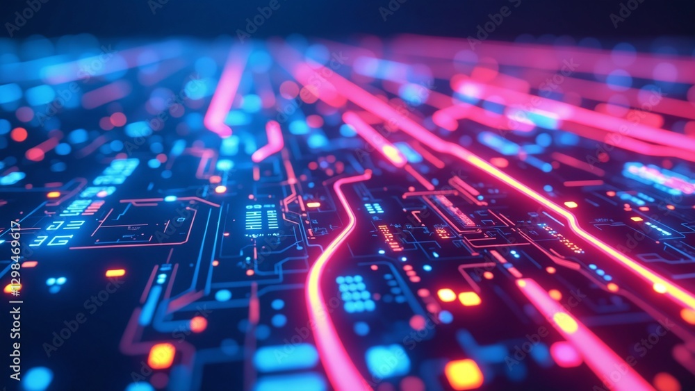 Poster abstract digital lines and circuits in bright neon colors against a dark background, suggesting inno