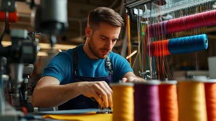 A man is working on a sewing machine, surrounded by colorful spools of thread and various fabrics. Concept Sewing Machine Operation, Colorful Thread Spools, Fabric Selection, Tailoring Techniques