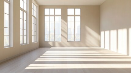 Obraz premium Empty room, large windows, natural light, hardwood floors, white walls, sunlight and shadows, minimalist interior, spacious, bright, airy, architectural rendering, clean lines, modern design