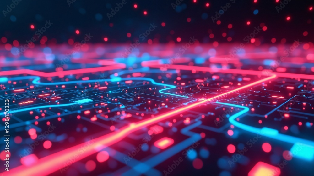 Poster abstract digital lines and circuits in bright neon colors against a dark background, suggesting inno