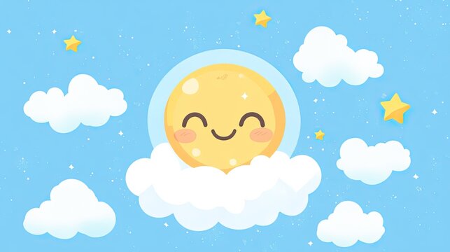 Dreamy celestial scene with a smiling moon amidst fluffy clouds and stars