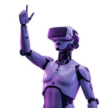A detailed 3D model of a female robot wearing VR glasses, interacting with a virtual space