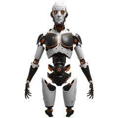 Fototapeta premium A detailed 3D model of a female robot, showcasing intricate mechanical components in white and dark gray, accented with copper-orange details