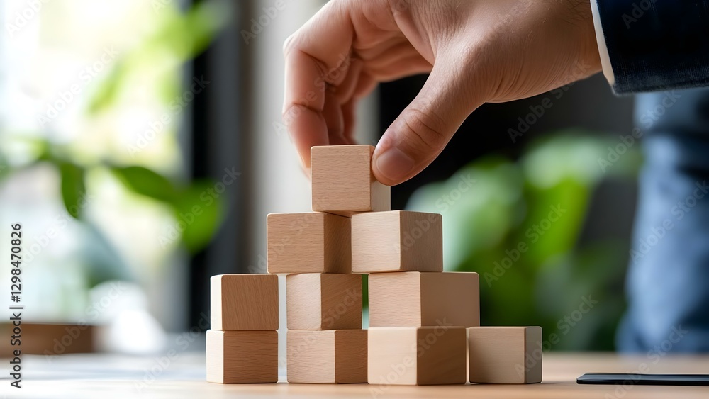 Aufkleber a hand stacking wooden blocks into a pyramid shape on a table with plants in the background. concept