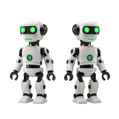 This image features two identical, white robots with glowing green eyes