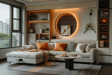 A minimalist living room with a fold-out sofa bed, sleek storage cabinets, and a compact coffee table, designed for small apartments.